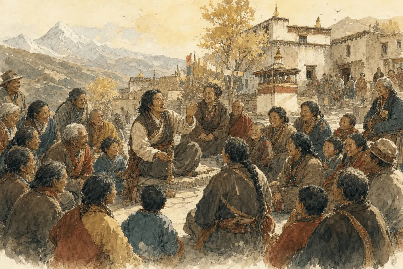 ཕྱི་རོལ་དུ་བཞུགས་པའི་སློབ་དཔོན་ཞིག་གིས་གྲོང་མི་དང་གྲྭ་པ་གཞོན་པའི་ཚོགས་ལ་གཏམ་རྒྱུད་བཤད་བཞིན་པ། རྒྱབ་ཏུ་དར་ལྕོག་དང་། མཆོད་རྟེན། རི་བོ་རྣམས།